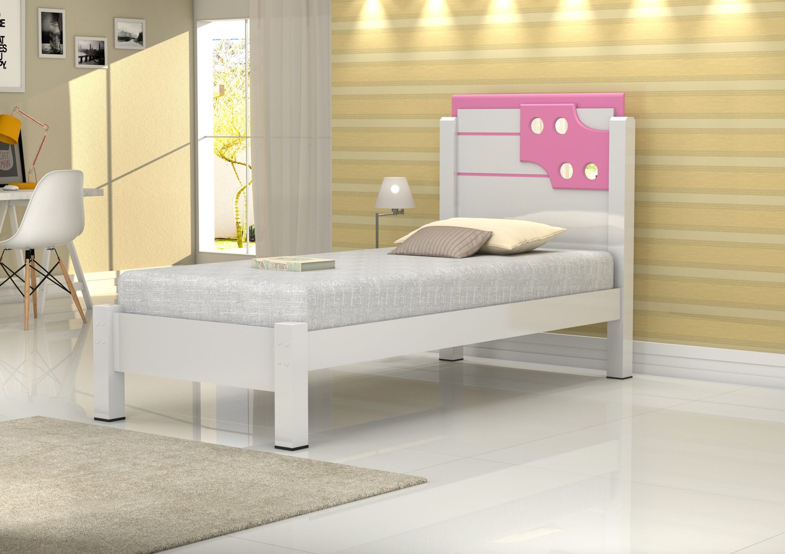 Cama SOLTEIRO Luiza - BRANCO ROSA (0260111)